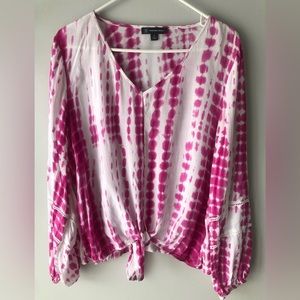 INC International Concepts XL Front Tie Up Blouse Pink & White Vneck